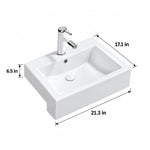 Dimensions diagram of white rectangular ceramic semi-recessed bathroom sink, 21.3" × 17.1" × 6.5"