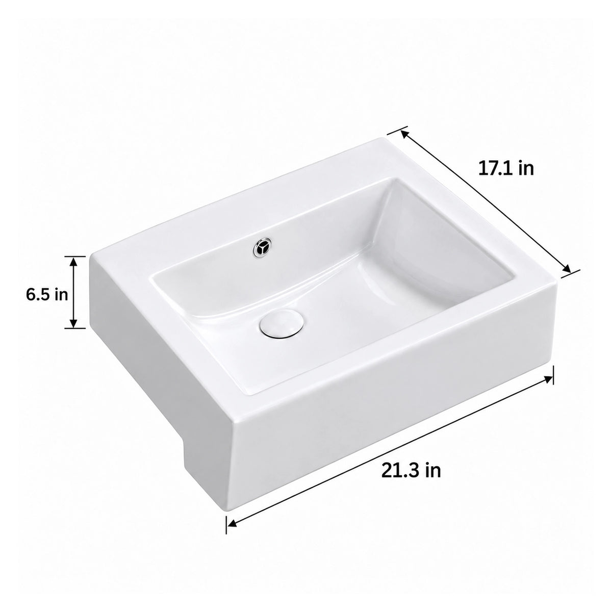 White rectangular ceramic semi-recessed bathroom sink with overall dimensions of 21.3" W × 17.1" D × 6.5" H.