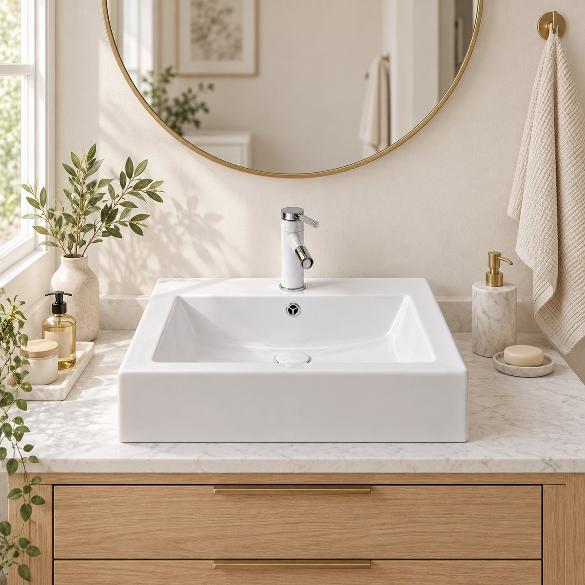 White rectangular ceramic semi-recessed bathroom sink installed in bright modern bathroom vanity setting