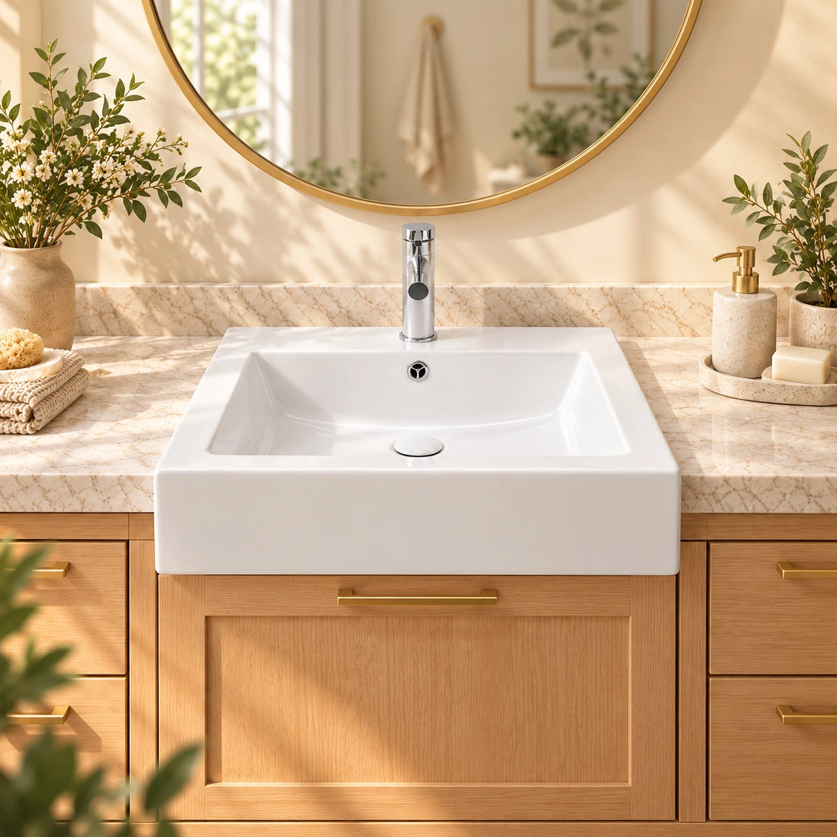 White rectangular ceramic semi-recessed bathroom sink with a chrome faucet, integrated overflow, and drain cover on a warm wood vanity.