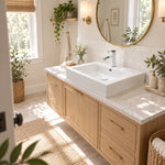 White rectangular ceramic semi-recessed bathroom sink on light wood vanity in bright natural-style bathroom