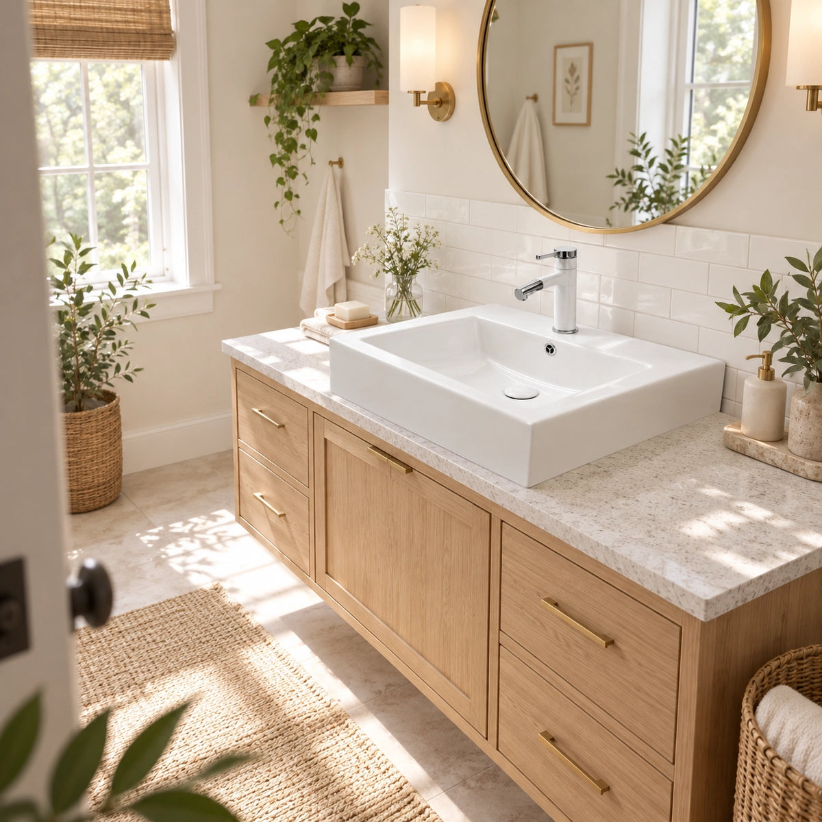 White rectangular ceramic semi-recessed bathroom sink on light wood vanity in bright natural-style bathroom