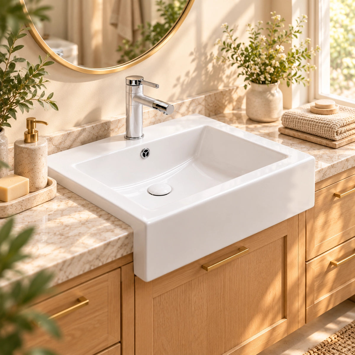 White rectangular ceramic semi-recessed bathroom sink with a chrome faucet, integrated overflow, and deep front apron on a warm wood vanity.