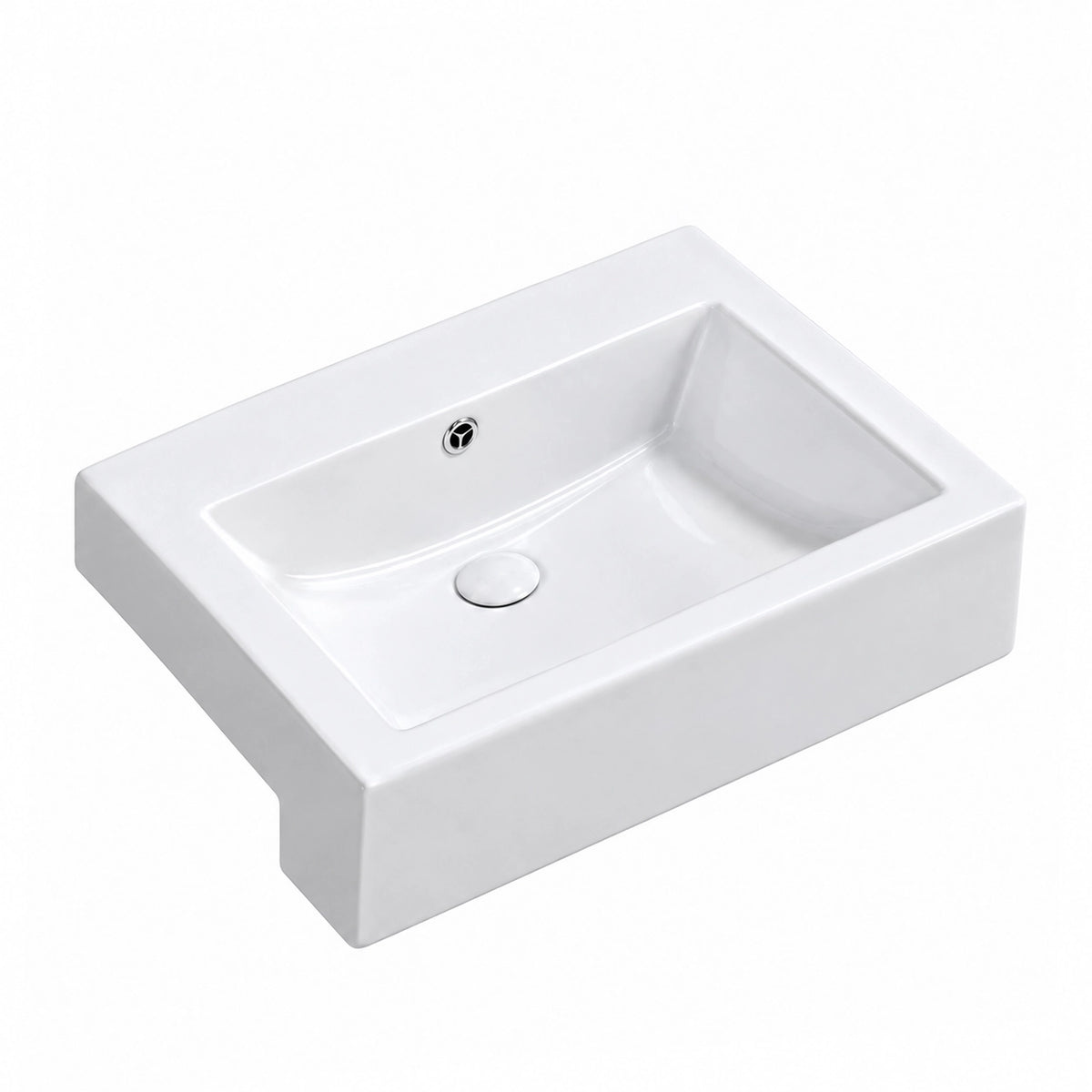 White rectangular ceramic semi-recessed bathroom sink with a single basin, integrated overflow, and glossy white finish.