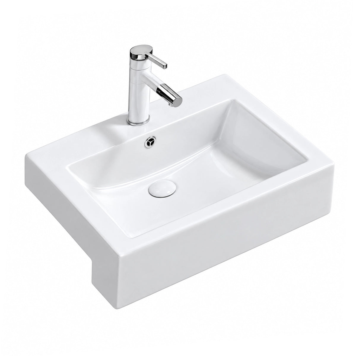 White rectangular ceramic semi-recessed bathroom sink with chrome faucet, three-quarter view
