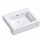 White rectangular ceramic semi-recessed bathroom sink with a single basin, integrated overflow, and smooth glossy finish.