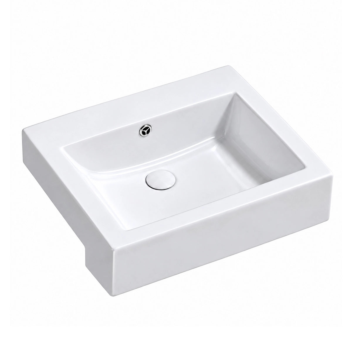 White rectangular ceramic semi-recessed bathroom sink with a single basin, integrated overflow, and smooth glossy finish.