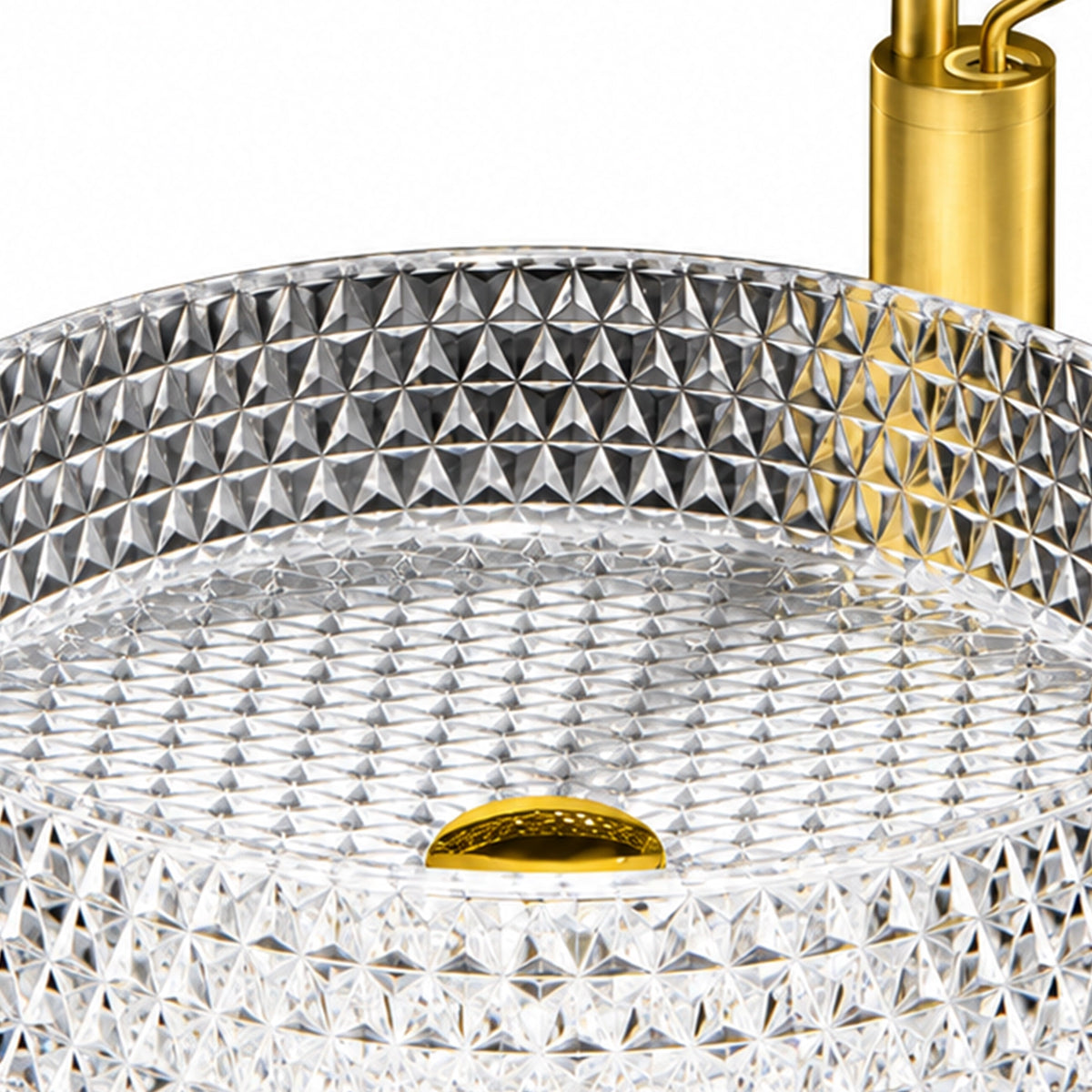 Close-up shot of round diamond-cut clear glass vessel sink showing textured crystal surface 