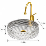 Dimension diagram of round diamond embossed clear glass vessel sink, 15.6 inches diameter and 4.1 inches basin depth