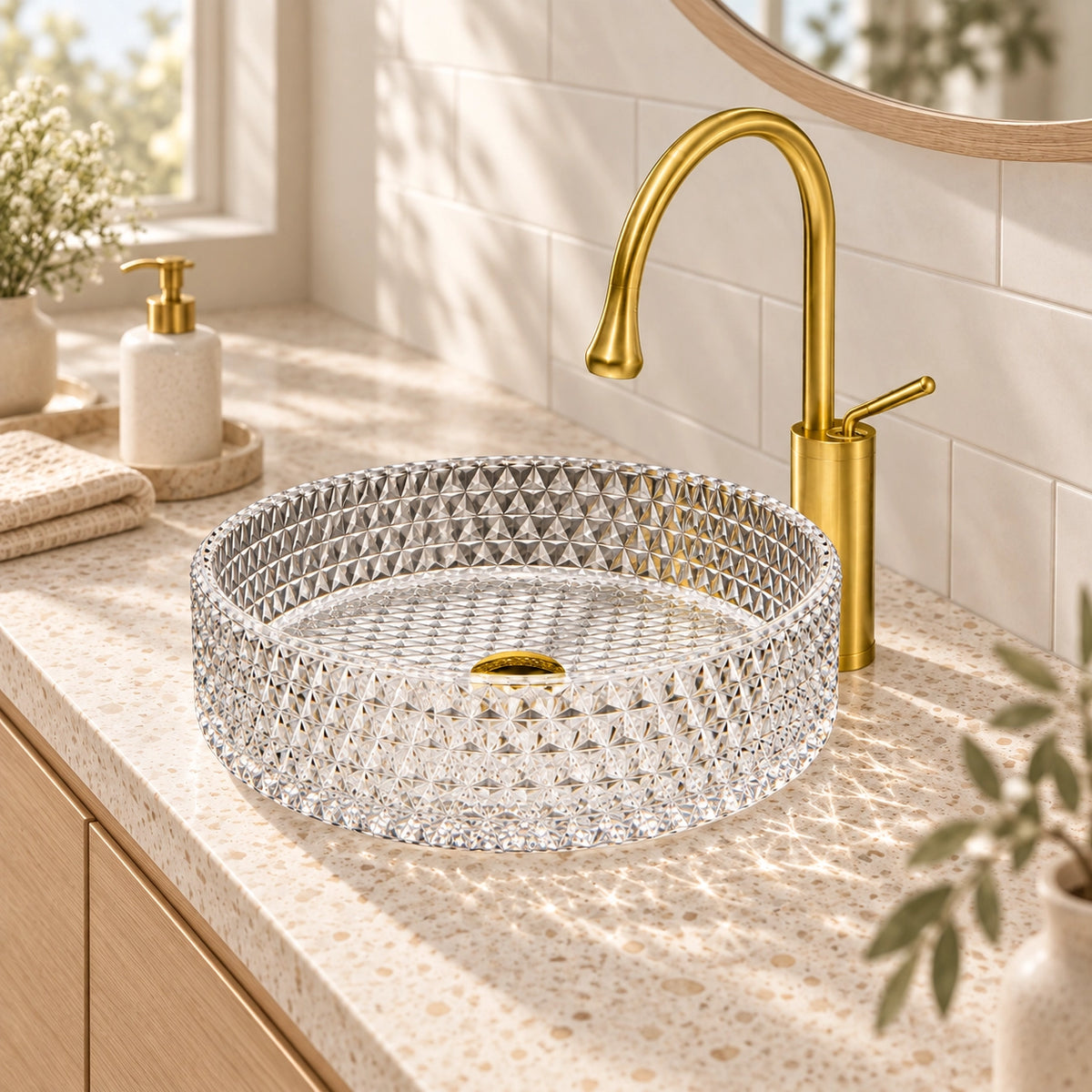 Round diamond embossed clear glass vessel sink with gold faucet installed on speckled vanity countertop in bright modern bathroom