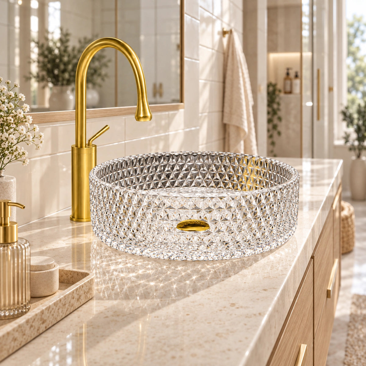 Round diamond textured clear glass vessel sink with gold faucet on polished marble countertop in bright luxury bathroom
