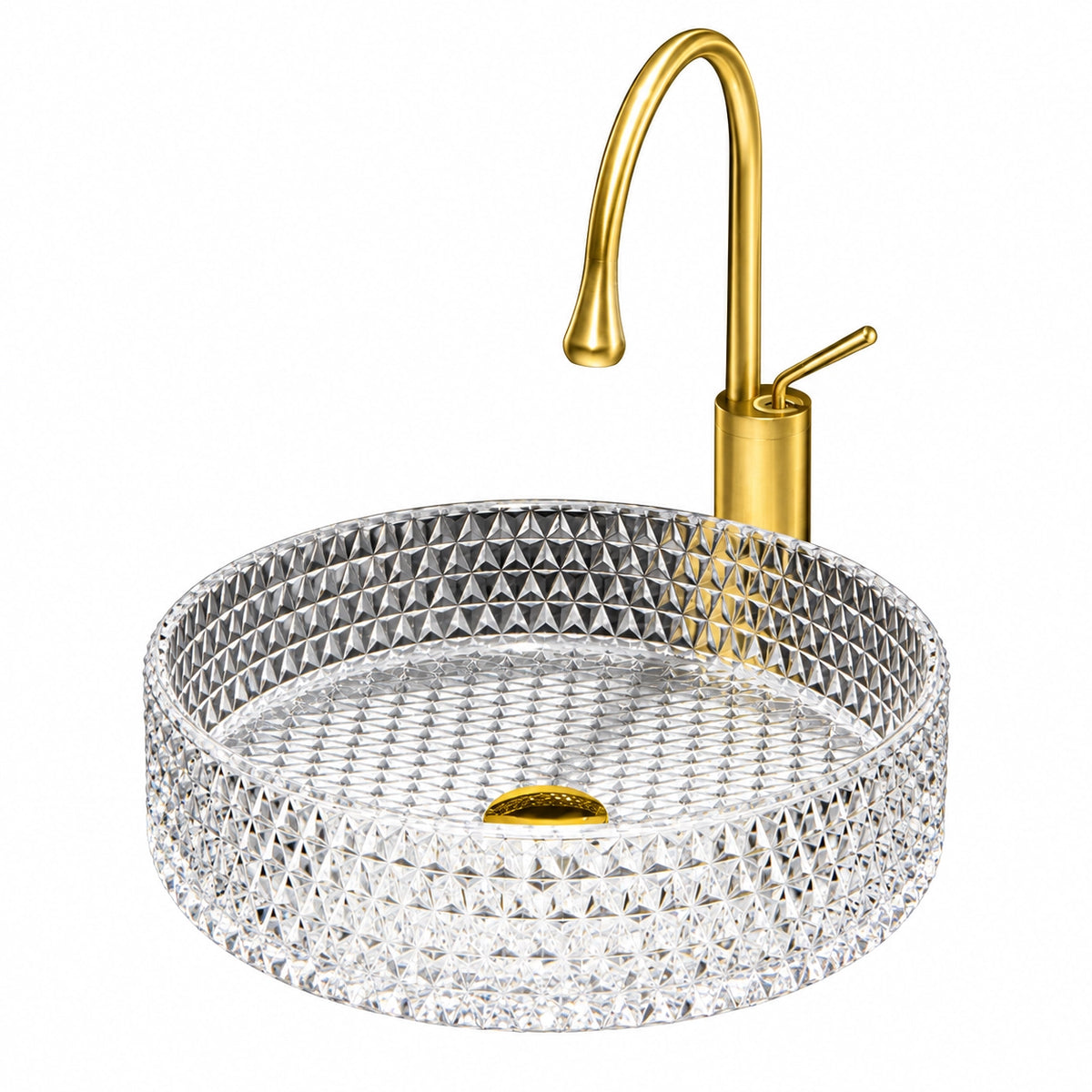 Round diamond textured clear glass vessel bathroom sink with gold faucet, white background