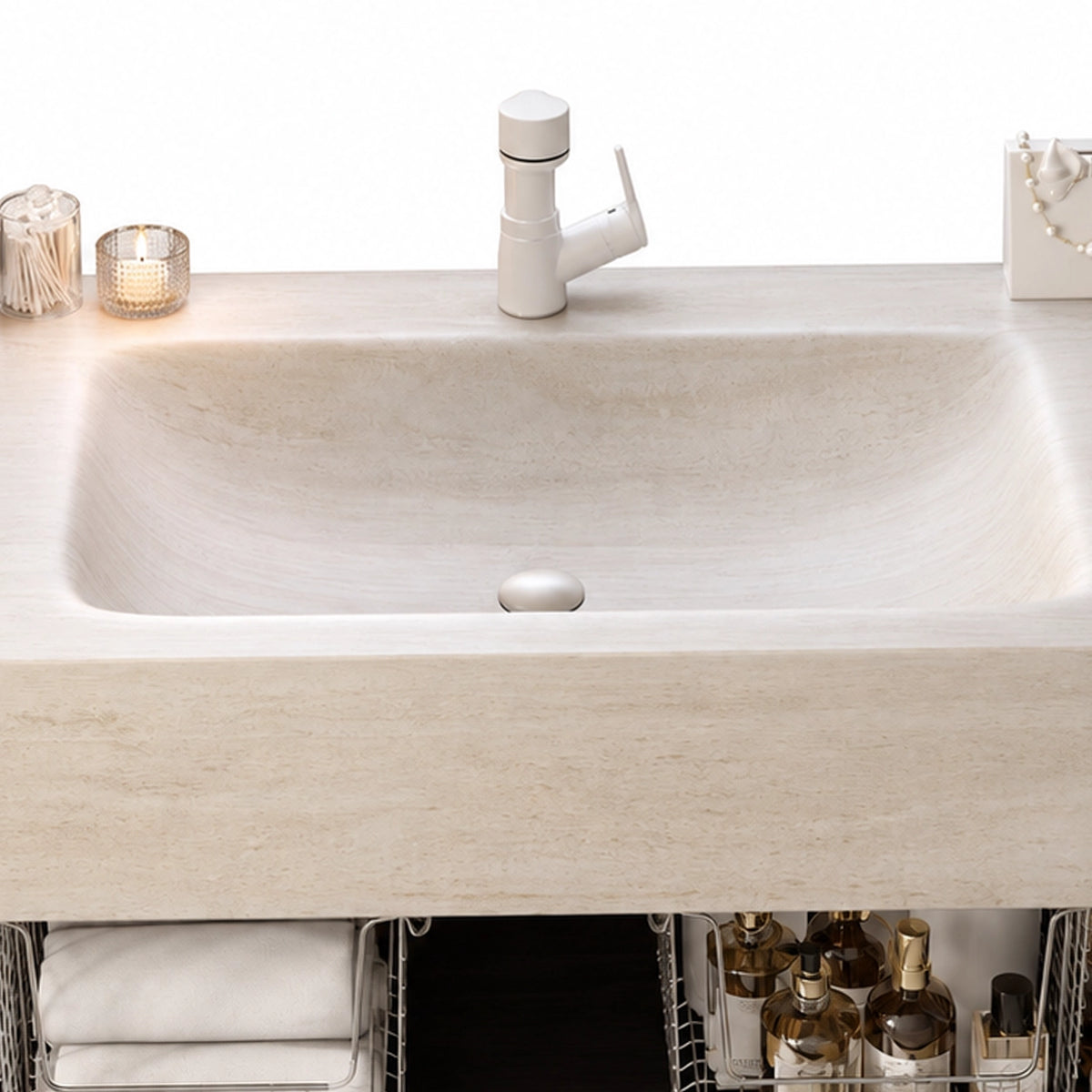 Close-up of cream rectangular wall mount sink basin texture