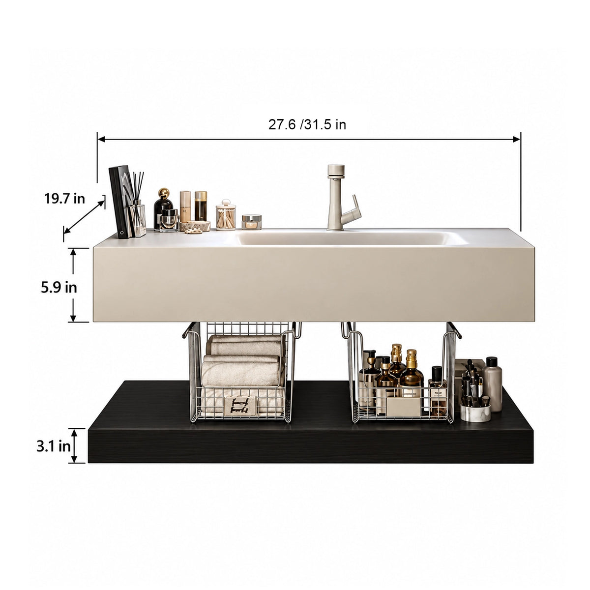 Dimension chart of cream rectangular wall mount sink, 27.6"/31.5"L, 19.7"W, 5.9"H