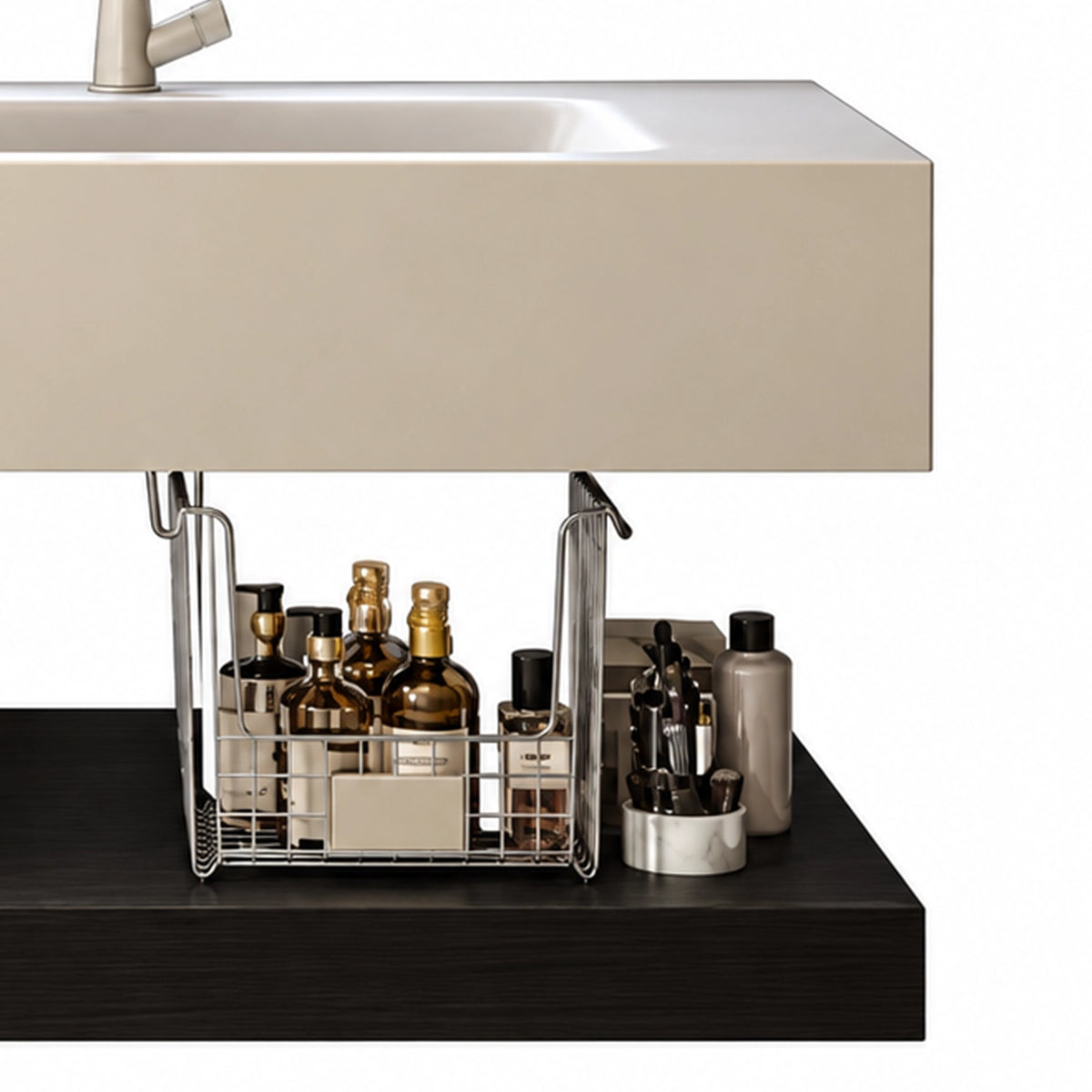 Close-up of cream sintered stone ceramic wall mount sink with storage display
