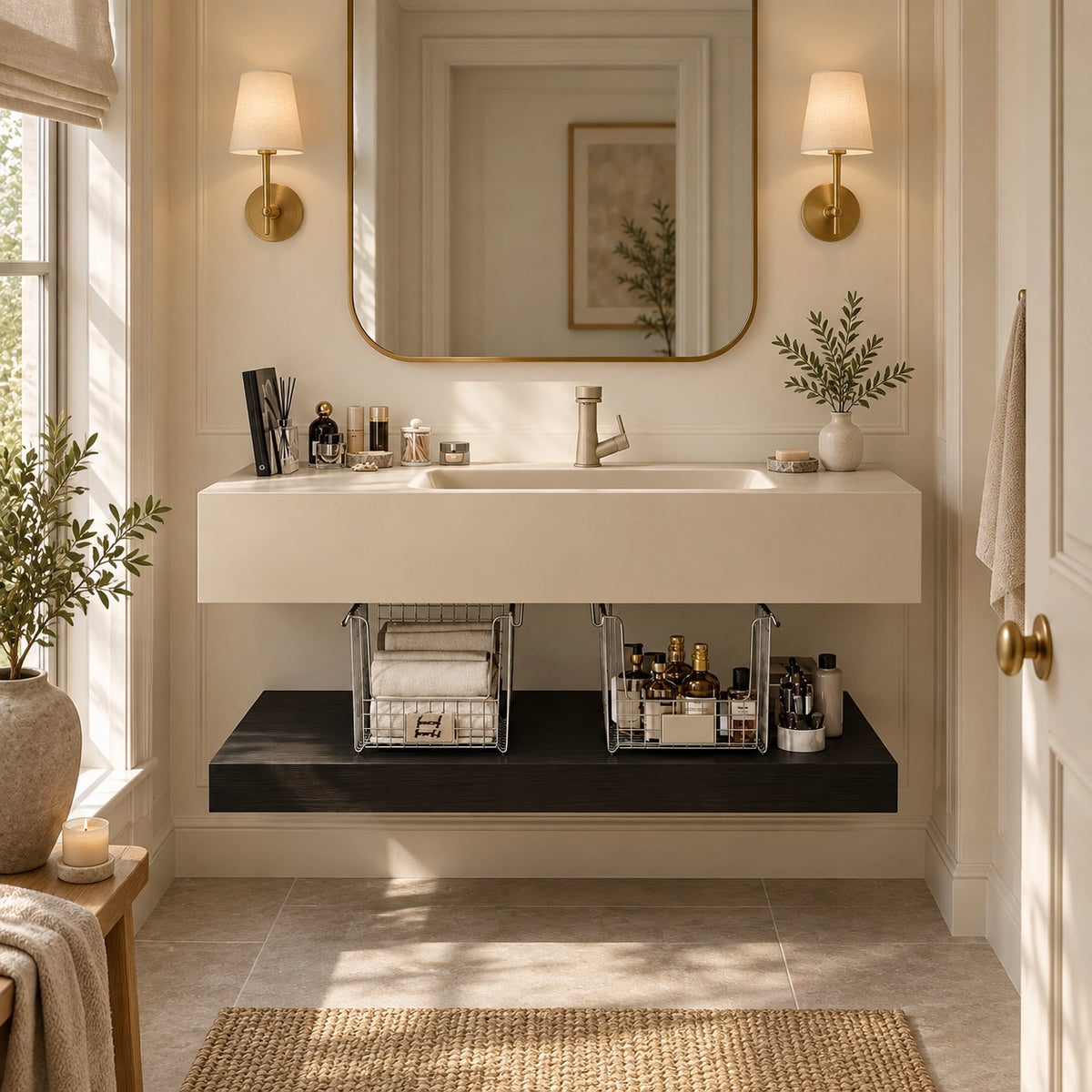 Cream rectangular sintered stone ceramic wall mount sink in warm contemporary bathroom