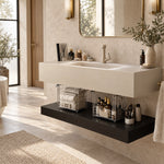 Cream rectangular wall mount sink in luxury neutral bathroom