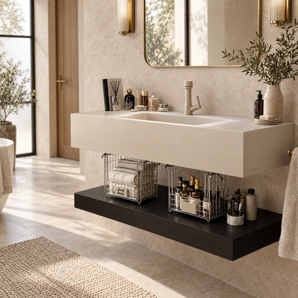 Cream rectangular wall mount sink in luxury neutral bathroom