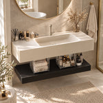 Cream wall mount sink in bright modern bathroom