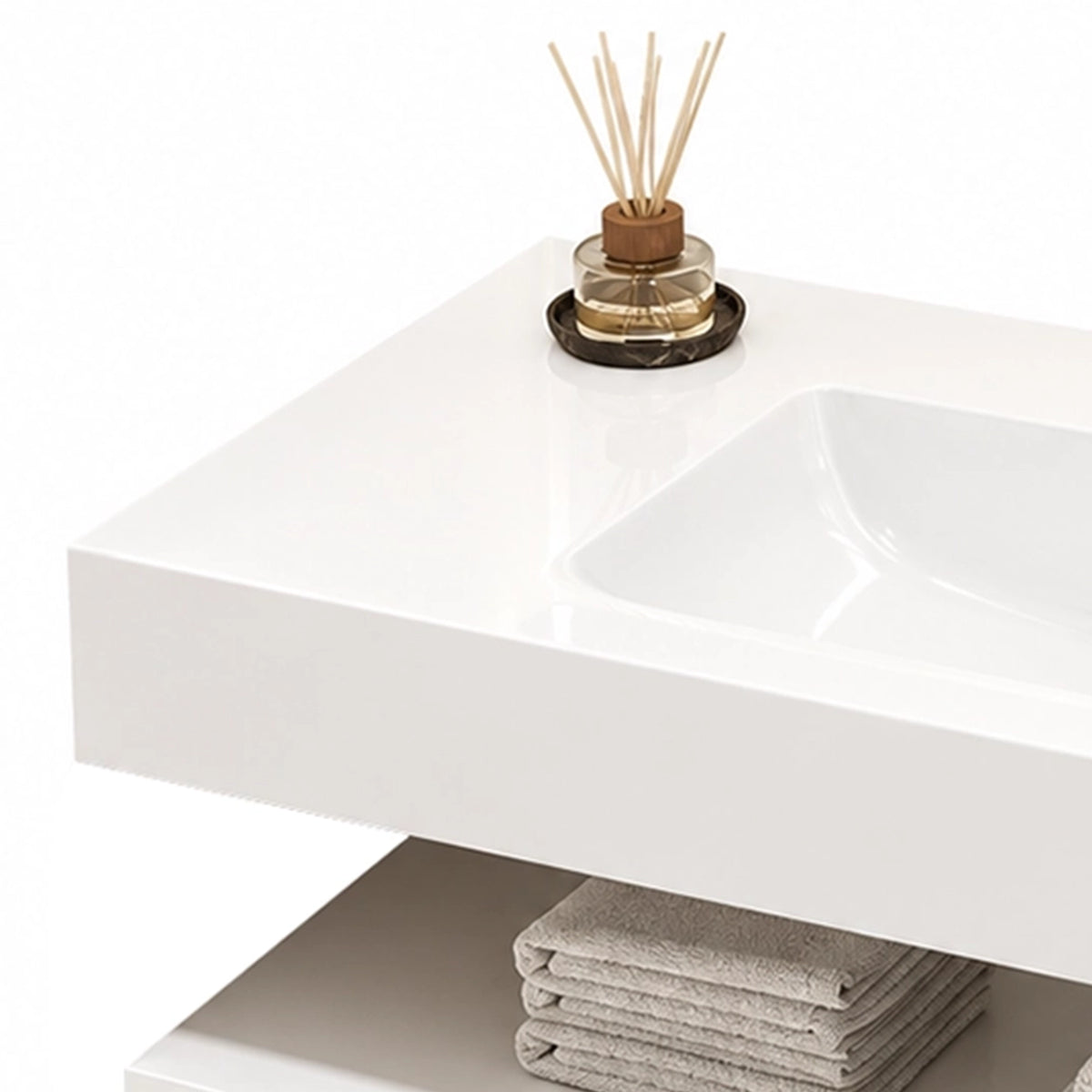Close-up detail shot of glossy white floating bathroom vanity sink thick edge and basin surface