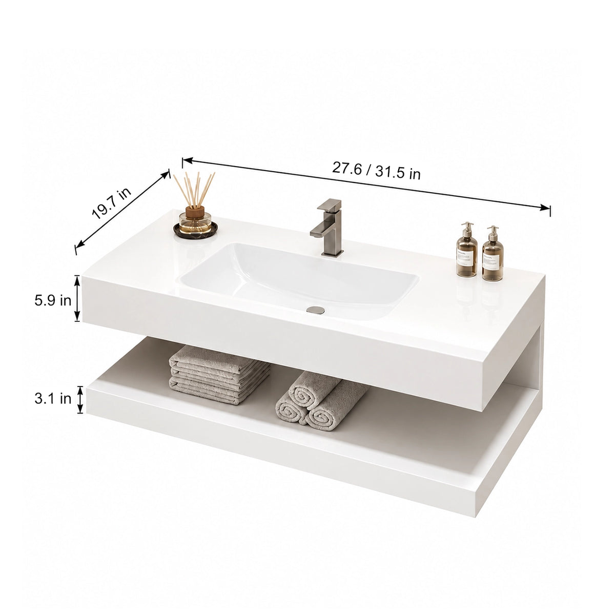 Dimension diagram of white floating wall-mount bathroom vanity with open shelf, 27.6"/31.5"L,19.7"W,5.9"H