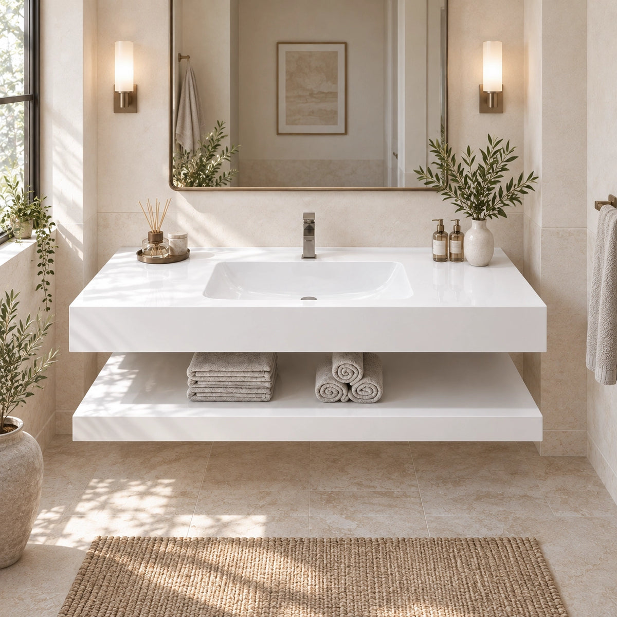 White floating bathroom vanity with open shelf installed in bright modern bathroom