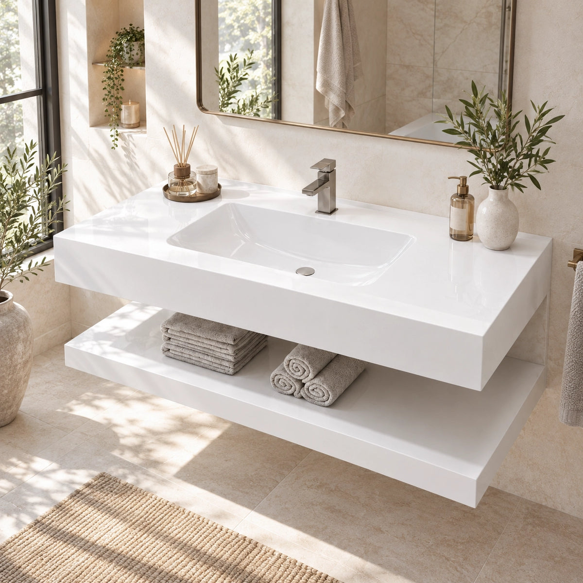 White floating wall mount bathroom vanity with open shelf in sunlit bathroom