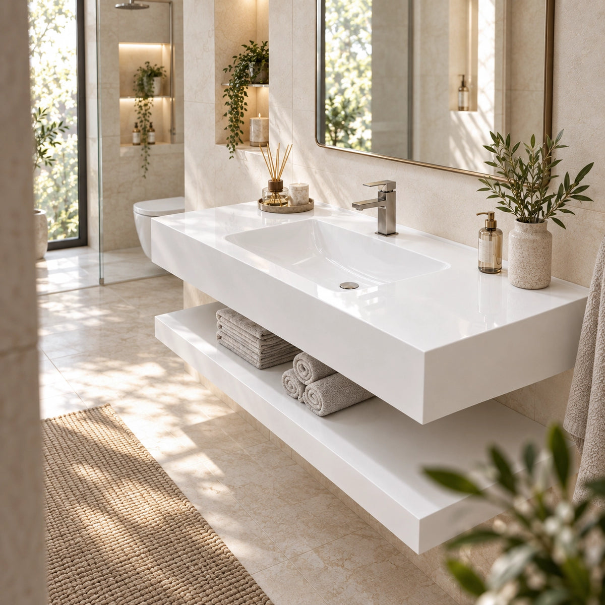 White floating bathroom vanity with open storage shelf in luxury sunlit bathroom
