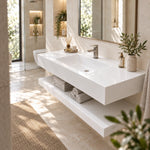 White floating bathroom vanity with open storage shelf in luxury sunlit bathroom