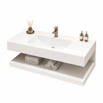 White wall-mount bathroom vanity sink with open storage shelf main product shot