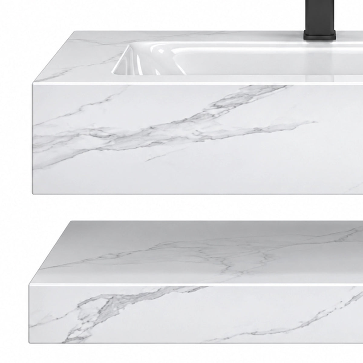 Calacatta White Rectangular Ceramic Wall-Mount Bathroom Sink, close-up detail shot showing marble texture and thick edge