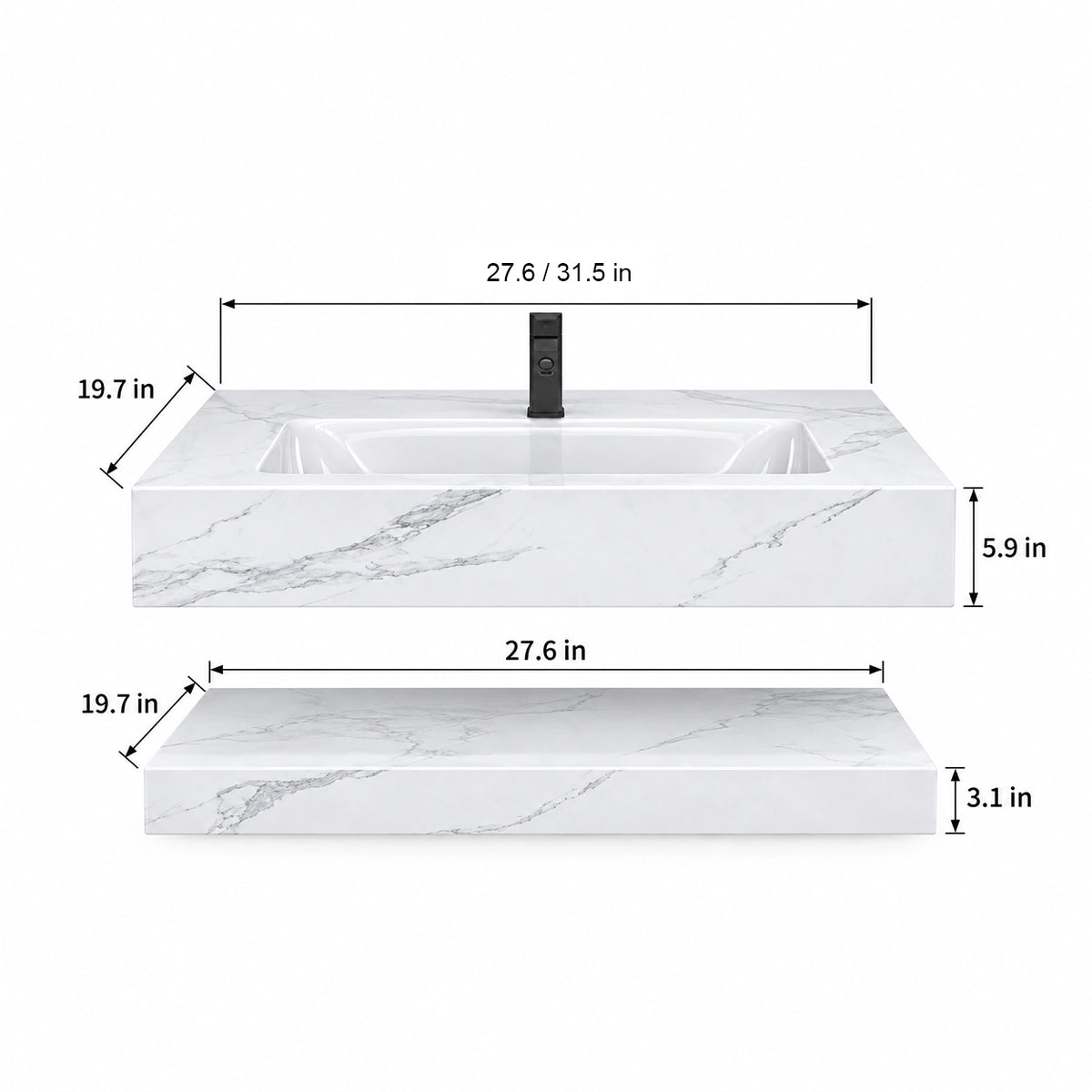 Calacatta White Rectangular Ceramic Wall-Mount Bathroom Sink, dimension diagram with 2 size options, 27.6"/31.5"L ×19.7"D ×5.9"H
