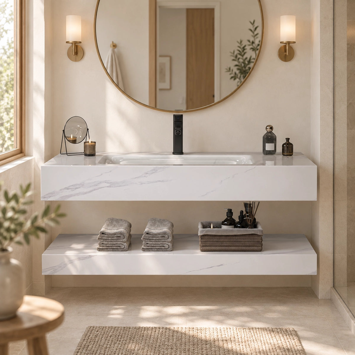 Calacatta White Rectangular Ceramic Wall-Mount Bathroom Sink, modern warm bathroom lifestyle scene