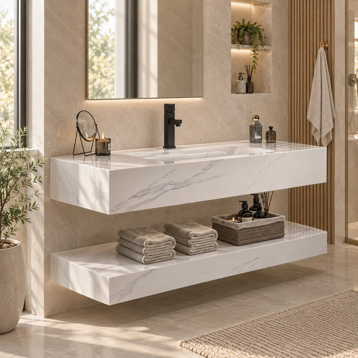 Calacatta White Rectangular Ceramic Wall-Mount Bathroom Sink, modern luxury bathroom lifestyle shot