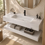 Calacatta White Rectangular Ceramic Wall-Mount Bathroom Sink, angled modern bathroom lifestyle shot