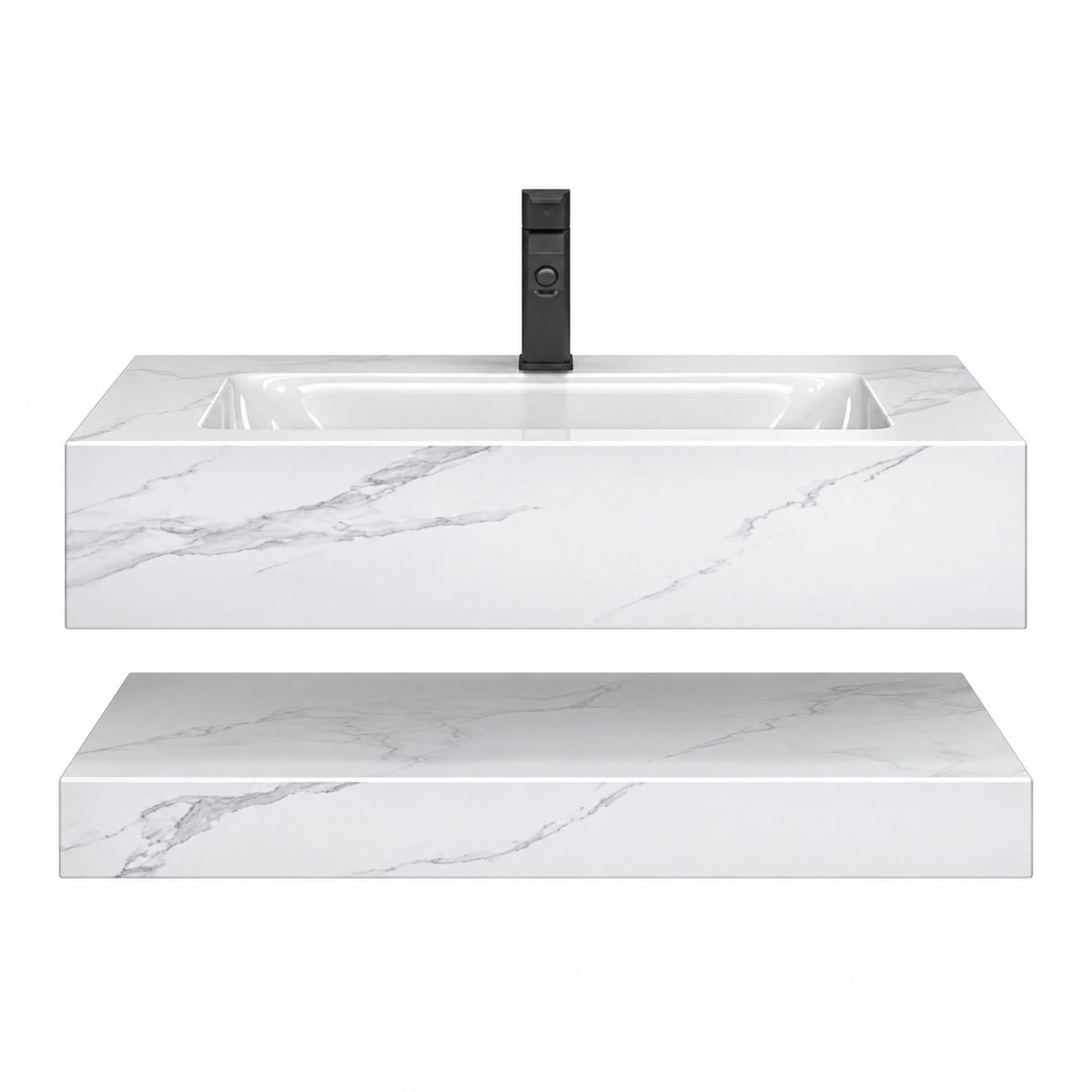 Calacatta White Rectangular Ceramic Wall-Mount Bathroom Sink, single basin with overflow, minimalist product shot on white background