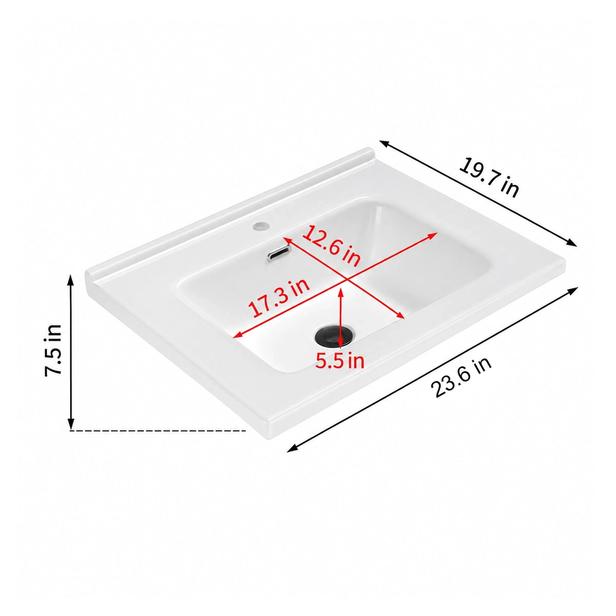 White ceramic rectangular undermount sink dimension diagram, 23.6"L x19.7"W x7.5"H, basin 17.3"L x12.6"W x5.5"D