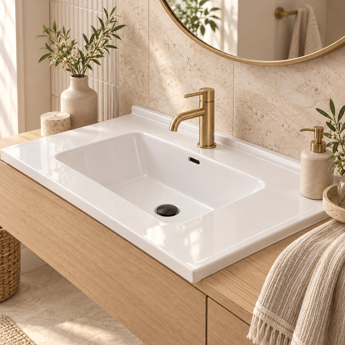 White ceramic rectangular undermount sink, bathroom vanity closeup