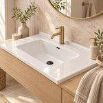 White ceramic rectangular undermount sink, bathroom vanity closeup