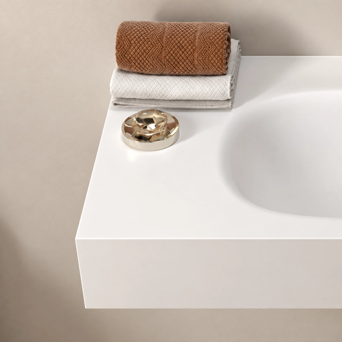 Oval Engineered Stone Wall-Mount Bathroom Sink, close up of sink surface and thick front edge