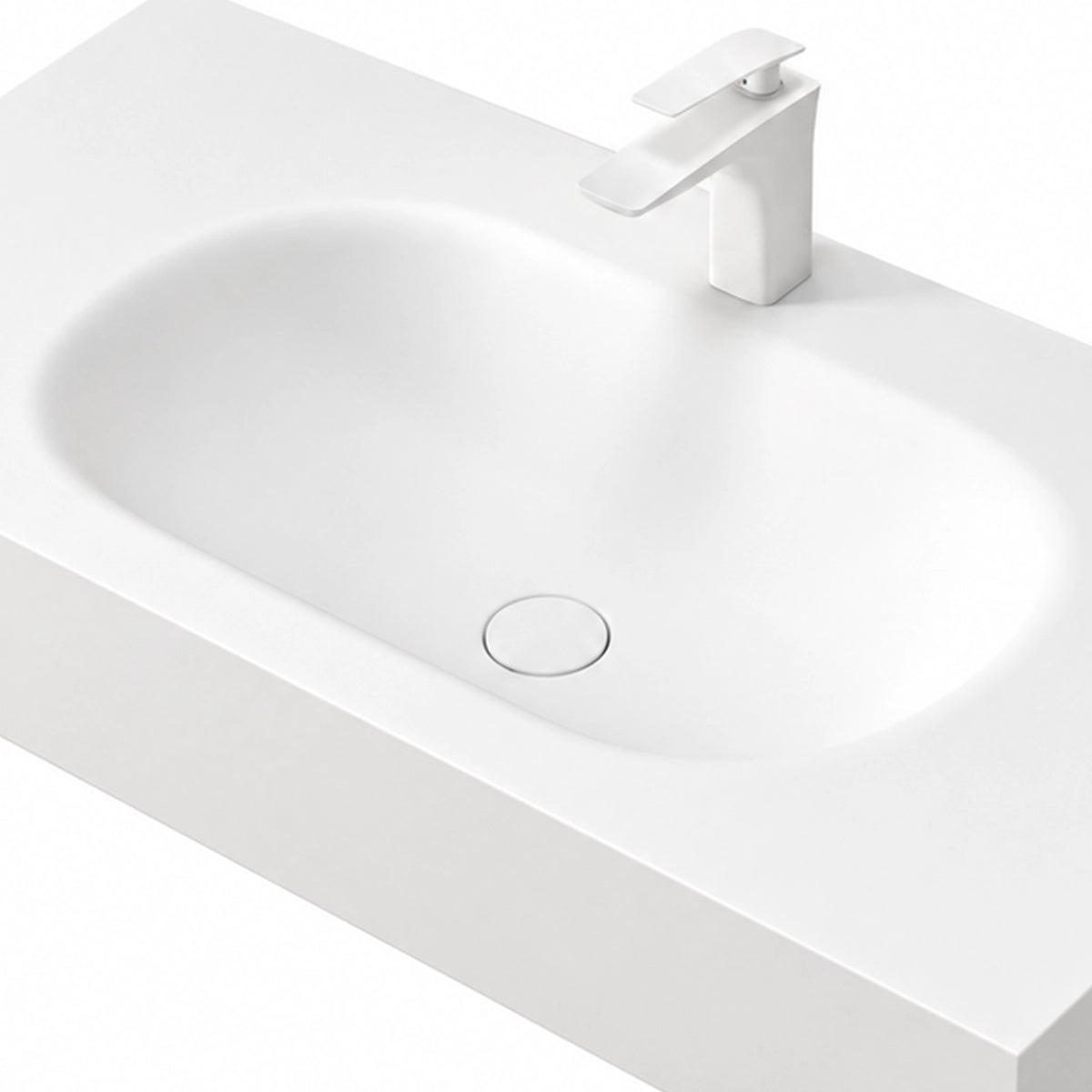 Oval Engineered Stone Wall-Mount Bathroom Sink, close view of oval basin and faucet hole