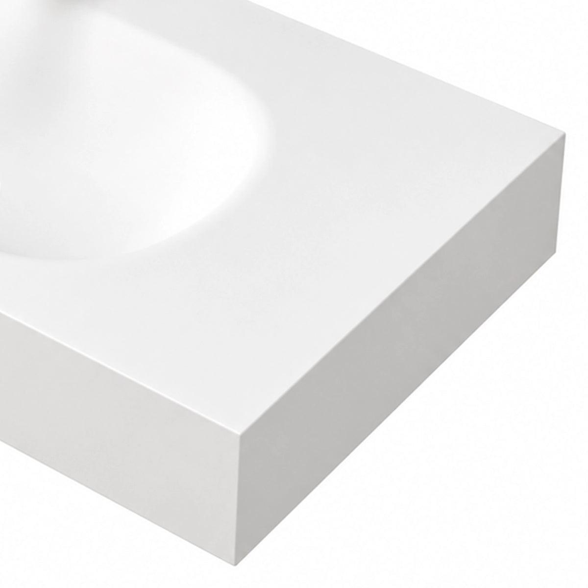 Oval Engineered Stone Wall-Mount Bathroom Sink, closeup of thick solid edge and seamless surface