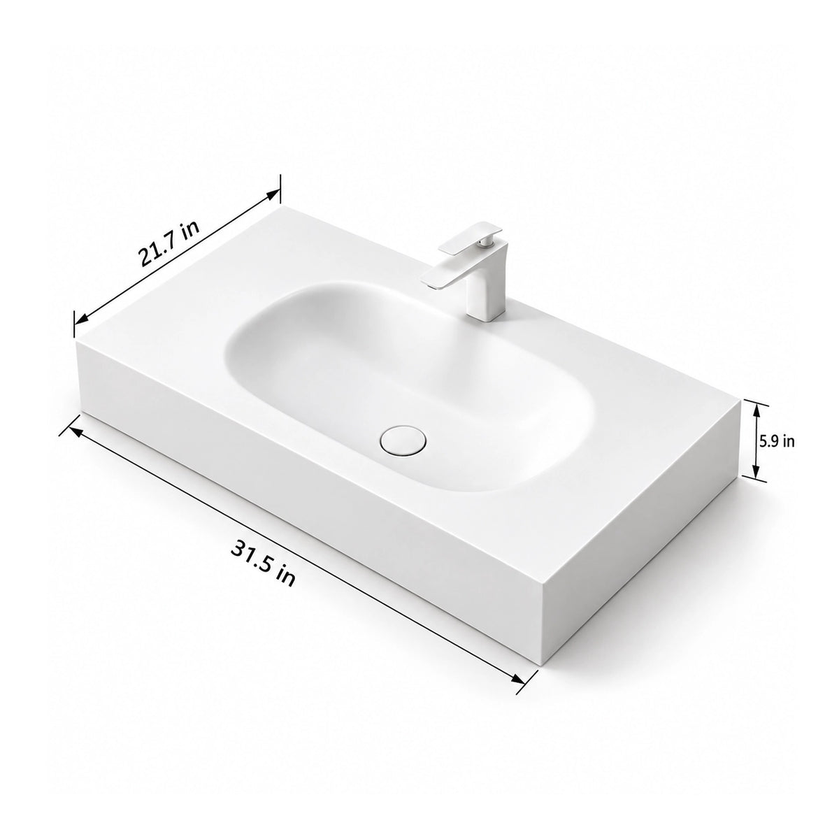 Oval Engineered Stone Wall-Mount Bathroom Sink dimension diagram, overall size 31.5"L x 21.7"W x 5.9"H, white engineered stone floating sink with oval basin