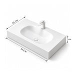 Oval Engineered Stone Wall-Mount Bathroom Sink dimension diagram, overall size 31.5"L x 21.7"W x 5.9"H, white engineered stone floating sink with oval basin