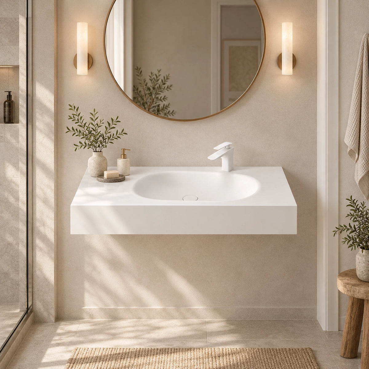Oval Engineered Stone Wall-Mount Bathroom Sink, warm minimalist bathroom lifestyle scene with round gold mirror and wall sconces