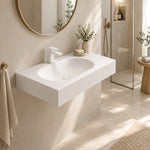 Oval Engineered Stone Wall-Mount Bathroom Sink, side angle bathroom scene