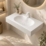 Oval Engineered Stone Wall-Mount Bathroom Sink, overhead angle bathroom lifestyle photo