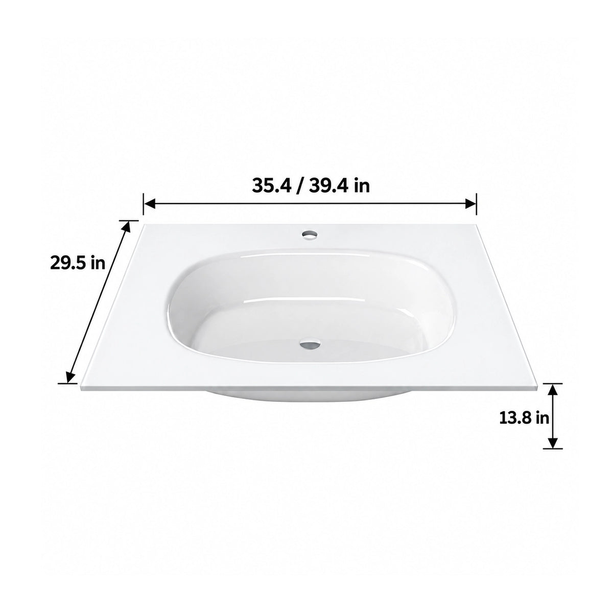 White Oval Tempered Glass Undermount Bathroom Sink dimension chart with size measurements 35.4/39.4 in length, 29.5 in width,13.8 in height