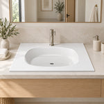 White Oval Tempered Glass Undermount Bathroom Sink, modern minimalist bathroom lifestyle scene