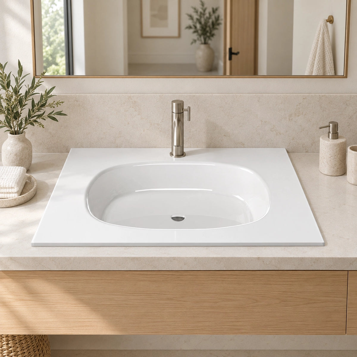 White Oval Tempered Glass Undermount Bathroom Sink, modern minimalist bathroom lifestyle scene